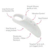 Massager contains a loop end to pull out blocked milk. A side scoop to empty breasts. Targeted tip to work out clogged ducts. Heat control button. Vibration control buttons. It's pocket size, portable, water resistant & made with silicone.